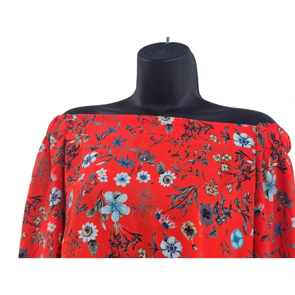 143 Story By Line Up Women Red Floral Off Shoulder Blouse 3/4 Bell Sleeve Sz M